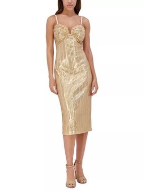 Sienna Gold Sequin Midi Dress with Spaghetti Straps and Sweetheart Bust